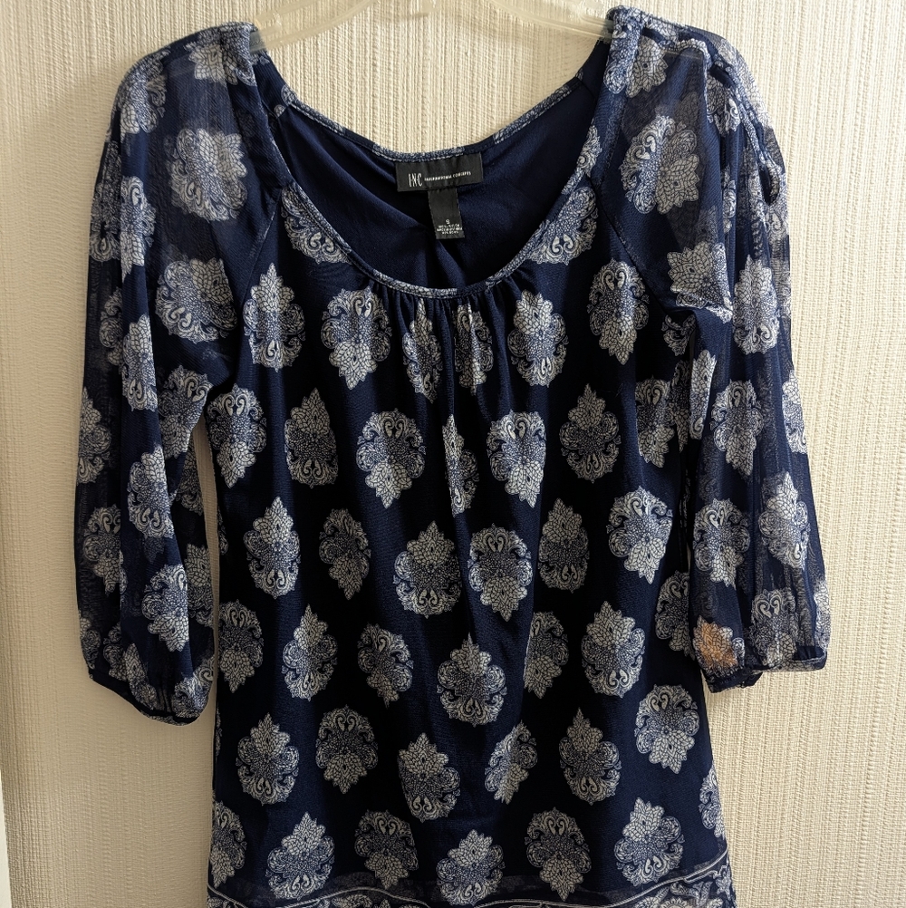 INC International Concepts Blue Print, Shear 3/4 Length Sleeves Blouse Size S